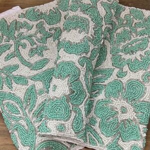 Jaipur in Bloom Beaded Table Runner Centerpiece 13 x 36 Aqua White Silver Floral